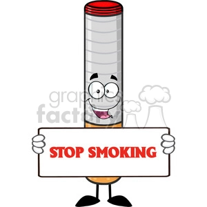 royalty free rf clipart illustration electronic cigarette cartoon mascot character holding a sign vector illustration with text stop smoking isolated on white background