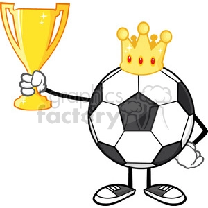 king soccer ball faceless cartoon character with crown holding a golden trophy cup vector illustration isolated on white background