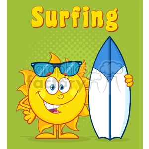 In this clipart image, there is a happy anthropomorphic sun character wearing blue sunglasses and holding a blue and white surfboard. There are also big bold text that reads Surfing above the sun character, and the background is a dotted gradient green.