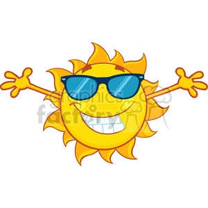 smiling summer sun cartoon mascot character with sunglasses and open arms for hugging vector illustration isolated on white background