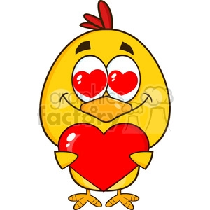cute yellow chick cartoon character holding a valentine love heart vector illustration isolated on white