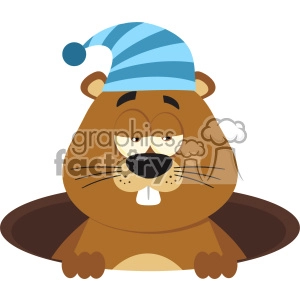 The image is a clipart of a cartoon groundhog wearing a blue and white striped sleeping cap. The groundhog has large expressive eyes with a slightly grumpy or sleepy expression and is emerging from a brown hole.