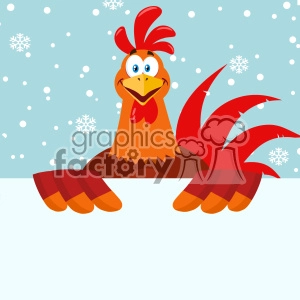 The clipart image features a cartoon rooster character against a winter-themed background with falling snowflakes. The rooster is depicted with exaggerated, comical features such as a large, smiling beak, wide eyes, and a prominent red comb and wattle. Its body is a warm brown color, with a vibrant red tail, and it appears to be peering over a white surface, possibly snow or a ledge, with only its upper body visible.