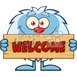 Cute Little Yeti Cartoon Mascot Character Holding Welcome Wooden Sign Vector