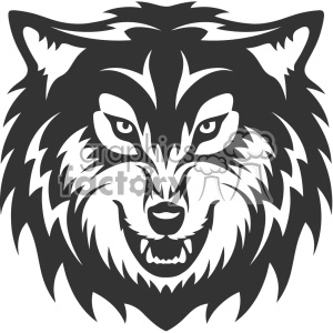 This clipart image features a stylized, graphic depiction of a wolf's head. The design is bold and uses contrasting black and white to highlight the wolf's fierce and intense facial features, which include sharp eyes, pointed ears, and exposed teeth.