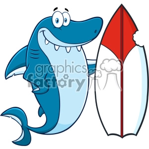 The clipart image features a cartoon shark character standing next to a surfboard. The shark has a friendly and funny appearance, with a big grin showing pointed teeth, wide eyes, and a happy expression. The surfboard is depicted in classic design with a split color pattern, red and white.