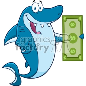 This is a clipart image of a cartoon shark character with a big smile, standing upright and holding a dollar bill. The shark is blue with a white underbelly, and it features exaggerated facial expressions typical to funny or friendly mascots.