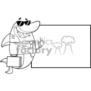 The image is a black and white clipart featuring a cartoon shark character. This shark is depicted in a humorous and anthropomorphic manner, wearing sunglasses and carrying a briefcase, indicating a business-like theme. The character is also giving a thumbs-up sign. It is standing next to a blank rectangular space which could be used for text or other design elements.
