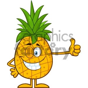 Royalty Free RF Clipart Illustration Winking Pineapple Fruit With Green Leafs Cartoon Mascot Character Giving A Thumb Up Vector Illustration Isolated On White Background