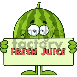 Royalty Free RF Clipart Illustration Smiling Green Watermelon Fruit Cartoon Mascot Character Holding A Banner With Text Fresh Juice Vector Illustration Isolated On White Background