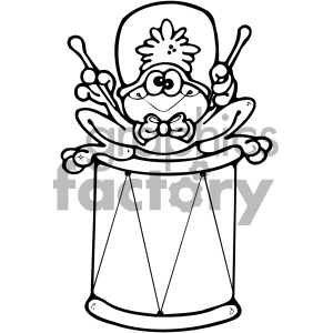 The clipart image features a cartoon frog playing a drum. The frog is sitting on the drum, holding drumsticks, and wearing a bow tie and a festive hat.