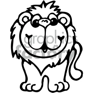 The image is a black and white line drawing of a cartoonish lion. The lion is depicted in a simple, stylized manner with a large, fluffy mane, round body, and a whimsical expression featuring big eyes and a short snout.