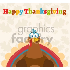 The image is a colorful cartoon-style clipart that features a turkey in the center against a backdrop with a pattern of autumn leaves. Above the turkey is the text Happy Thanksgiving written in a cheerful font with each letter in a different color, giving a festive look to the graphic.