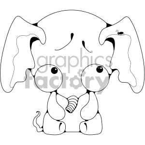 The clipart image displays a cartoon of a baby elephant. The elephant features exaggerated large ears, big, round eyes, and a small trunk holding onto what appears to be a peanut. Additionally, there is a small insect perched atop one of the elephant's ears.