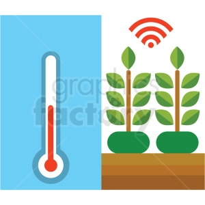 The clipart image shows a thermometer on the left side with a red indicator near the bottom to signify a temperature reading, and two plants on the right that resemble hemp or seedlings. The plants have green leaves and are rooted in brown soil. Above the plants, there is a Wi-Fi signal icon, suggesting some form of wireless technology or remote control, perhaps related to monitoring or controlling the climate for the plants, possibly through a mobile app.