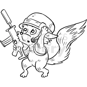 This clipart image features an anthropomorphic fox character in a military outfit reminiscent of the Vietnam War era. The fox is wearing a helmet and what appears to be a tactical vest or harness. It has a surprised or cautious expression on its face and is holding an M16-like rifle that was commonly used during the Vietnam War. The character also appears to have a circular tattoo or symbol on its upper arm.