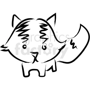 The image is a simple black and white line drawing of a cute, stylized skunk. It features characteristics such as a bushy tail, pointed ears, and a friendly face that are typical of cartoon representations of skunks.