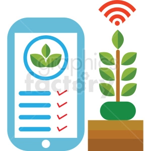 The image depicts a stylized representation of a mobile device displaying an app interface with a leaf symbol at the top, indicating an ecological or organic theme. Below the leaf symbol are lines of text with checkboxes, suggesting a checklist or status update. To the right of the mobile device is an abstract illustration of a plant with a series of leaves growing vertically on a stem, placed above a layered brown structure representing soil. Above the mobile device and the plant is a Wi-Fi signal icon, connecting the two elements, which implies the technology for remote monitoring or controlling agricultural or plant growth conditions via a wireless network.