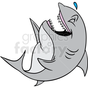 In the clipart image, there is a cartoon depiction of a shark that appears to be laughing, characterized by an open mouth with visible teeth, closed eyes, and a joyful expression. A sweat drop or tear can be seen near the shark's eye, which is a common visual trope indicating amusement or laughter.