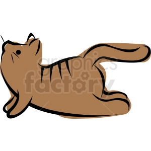 The clipart image depicts a cartoonish brown cat lying on its side in what appears to be a relaxed and playful posture. The cat's front paws are stretched out, and its back is slightly arched, with a cheerful expression on its face.