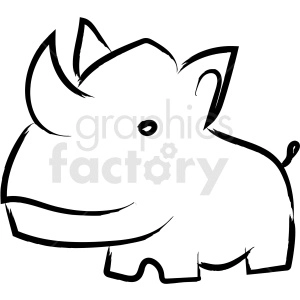 This clipart image features a simple black and white line drawing of a rhinoceros. The rhino is depicted in a cartoonish style with a large horn on its nose, a small ear, and a visible eye.