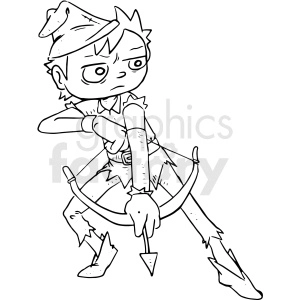 The image depicts a line art illustration of a boy characterized as a Robin Hood-like figure. He is shown holding a bow and arrow, ready for hunting. The character is wearing a feathered cap and medieval clothing typical of the Robin Hood legend. Notably, the boy also has what seems to be a tattoo on his arm, which is stylized with two stripes. The character has an intense and determined expression, suggesting he's focused on his target.