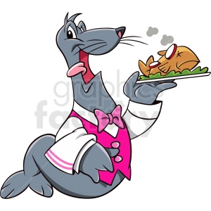 The image is a colorful clipart featuring a cheerful gray seal dressed as a waiter in a restaurant. The seal is wearing a red tie and a white shirt with a pink waistcoat and white cuffs, along with a pink bow tie. It is holding a tray with a steaming hot fish dish on it, complete with garnish and a lemon slice. The seal has its eyes closed as if it is savoring the aroma of the food, and there are a couple of whimsical steam curls rising from the dish.