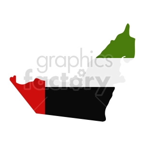 The image shows a stylized outline of the United Arab Emirates map with the colors of the UAE flag superimposed on it. The colors are in vertical stripes, with green at the top, white in the middle, and black at the bottom. To the left side, there's a red component that corresponds to the vertical red stripe of the UAE flag.