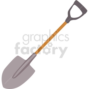 The image depicts a graphic or clipart of a garden shovel. The shovel has a grey blade, a brown handle, and a black grip with a D-shaped top end for easy handling.