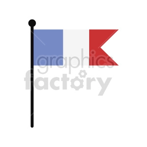 The clipart image shows a stylized French flag, which consists of three vertical bands of blue, white, and red colors, attached to a black flagpole.