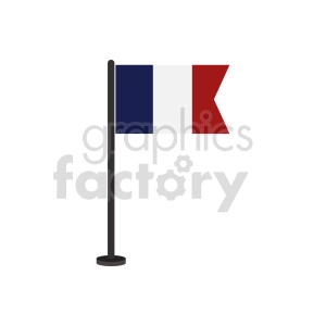 The image depicts a vertically-oriented flagpole with the flag of France attached. The French flag is designed with three vertical bands of color: blue on the hoist side, white in the middle, and red on the fly side.