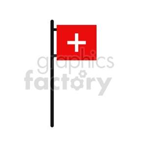 The image shows a simple, flat design of the flag of Switzerland attached to a flagpole. The Swiss flag is depicted as a square red field with a white Greek cross (a bold, equilateral cross) in the center.
