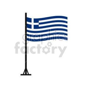 The image features an illustration of the flag of Greece on a flagpole. The flag has a blue and white striped pattern with a white cross on a blue square in the upper left corner.
