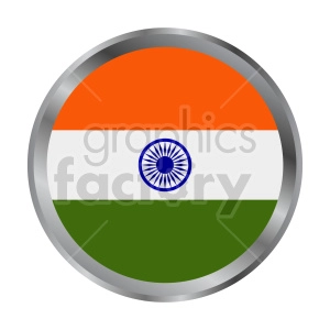The image is a clipart representation of the flag of India. The flag features three horizontal bands of color: deep saffron (orange) at the top, white in the middle, and dark green at the bottom. In the center of the white band, there is a navy blue wheel with 24 spokes, known as the Ashoka Chakra.