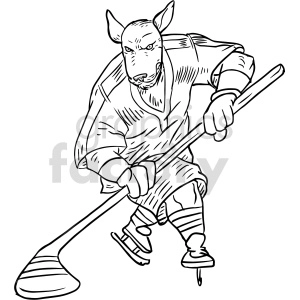 This clipart image depicts an anthropomorphic dog character playing ice hockey. The dog is standing on ice skates, wearing hockey gear including a jersey, gloves, and protective pads. It's holding a hockey stick and appears to be in an active pose, implying movement or preparation to play.