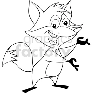 The clipart image shows a cartoon-style drawing of a fox. The fox is standing upright on two legs, with a friendly or mischievous smile, its hands (with fingers, unusually for a fox) spread as if gesturing or ready to hug, and a bushy tail. The image is in black and white line art, suitable for coloring or as a simple illustration.