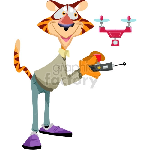 This is an image of an anthropomorphized tiger character operating a flying drone. The tiger is depicted standing upright in a human-like posture, a light shirt, a bowtie, jeans, and purple sneakers. The tiger holds a remote control device with an antenna in its right hand with a focused expression, indicating that it's flying the drone. The drone itself is shown in flight above the tiger's head, with visible propellers and a camera mounted on its underside.