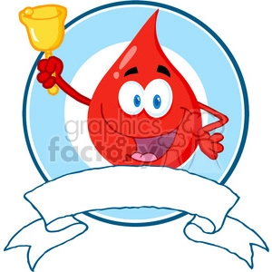 The clipart image features a cartoon portrayal of a red blood drop character. This personified blood drop is smiling and holding a golden trophy cup aloft. It's encircled by a blue outline that might represent a stylized representation of a medical symbol or just a way to highlight the character. Below the character is an unfurled white ribbon or banner, suggesting an area that could be customized with text. The overall theme of the image lends itself to themes of blood donation, medical achievements, or health-related accomplishments.