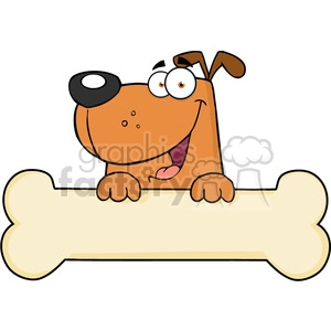 The clipart image shows a comical cartoon dog with a large, exaggerated bone. The dog appears happy and playful, with a wide smile, tongue sticking out, and eyes looking in different directions for a humorous effect. The dog's body is mostly obscured by the bone, which the dog is holding in its front paws. The bone is almost the same length as the dog's body. There is a patch over one eye of the dog, and one ear is sticking up while the other flops down, adding to the playful nature of the image.