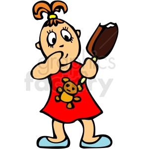 The clipart image features a cartoon of a young girl with an oversized head, wearing a red dress with a teddy bear design, blue shoes, and having a large, partially bitten, chocolate-covered ice cream bar in one hand. She has short orange hair tied with a yellow band at the top of her head, and she appears to be sucking her other thumb.