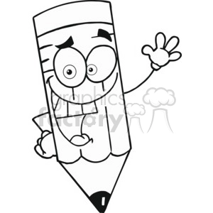 A happy black and white cartoon pencil