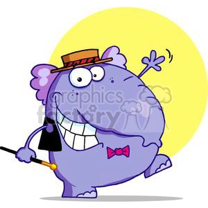 The image depicts a whimsical cartoon elephant that appears to be dancing. The elephant is purple with big, expressive eyes and a wide, toothy grin. It wears a light brown fedora hat and a pink bow tie. The elephant is holding a black cane and has little tufts of hair on its head. The background features a large yellow circle, likely representing either the sun or a spotlight.