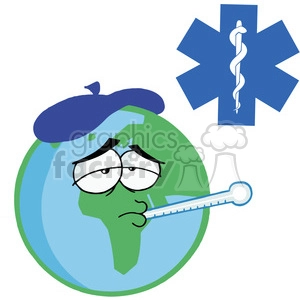 The image features a stylized representation of the Earth with a human-like face, appearing sick or unwell. It has a thermometer in its mouth, and the mercury level suggests a fever. The Earth also has a cold compress or ice pack on its head, which is commonly used to relieve fever or headaches. Above the Earth, there's a symbol known as the Star of Life with the Rod of Asclepius in the center, commonly associated with emergency medical services, healthcare, and ambulances. The overall image conveys the message of the Earth being in a state of poor health or requiring medical attention.