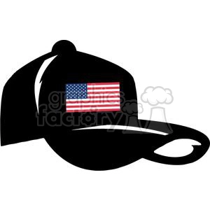 The clipart image depicts a black baseball cap with a design featuring the American flag. The hat is stylized in a cartoonish and humorous manner, incorporating elements of the USA through the use of the American flag motif.
