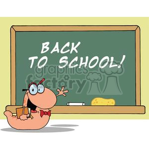 Waving Bookworm Student In Front Of School Chalk Board With Text Back to School!