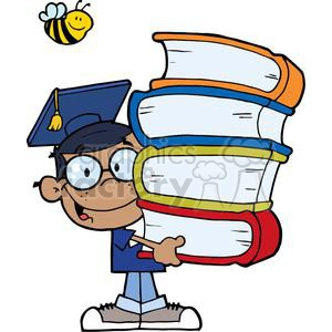 Graduation African American Boy With Books In Hands With a Bee Flying Above