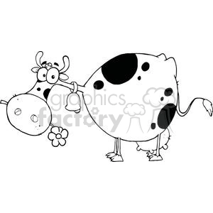 The image features a cartoon depiction of a plump, spotted cow. The cow is standing and looking towards the viewer, with one eye bigger than the other for a humorous effect. It has a bell around its neck and is holding a flower with its mouth. Black spots are scattered across the cow's body, which is exaggerated in size to emphasize its roundness.