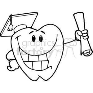 The clipart image depicts a stylized, anthropomorphic tooth with a friendly and funny expression. The tooth has a pair of eyes and a big, broad smile showing squared teeth. It is wearing a graduation cap on its top left side, with a tassel hanging down, and is holding a diploma or certificate rolled up in its right hand, suggesting that it has graduated or achieved something. The tooth gives off a cheerful and educational vibe, often used in dental or oral health-related contexts to promote good dental hygiene practices or celebrate achievements in dentistry.