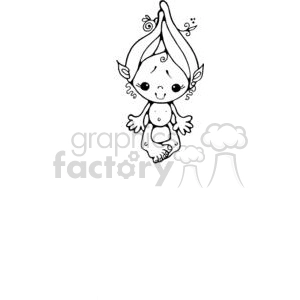 The image is a black and white line drawing of a cute, stylized character that appears to be inspired by the concept of a troll doll within a pea pod. This troll-like character has features such as large eyes, pointy ears, and a large tuft of hair that resembles the top of a pea pod. The character is also holding its belly and has a happy expression, with details like little swirls and leaves that give it a whimsical, magical appearance.