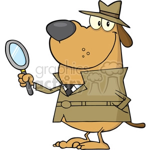 The image features a cartoonish dog character styled as a funny and comical detective or private investigator. The dog is standing upright and is equipped with classic detective paraphernalia, including a hat, a magnifying glass, and a Sherlock Holmes-style coat with a tie. The character's demeanor suggests that it is involved in some sort of sleuthing activity, reminiscent of a detective in popular culture.